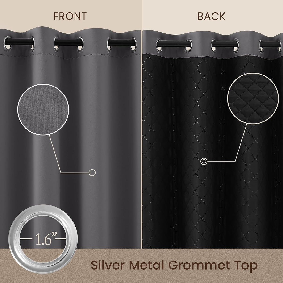 2 Pack Soundproof Blackout Thermal Curtains, Noise-Reducing Lined Drapes for Bedroom and Light Blocking, Grey, 132 x 213 cm