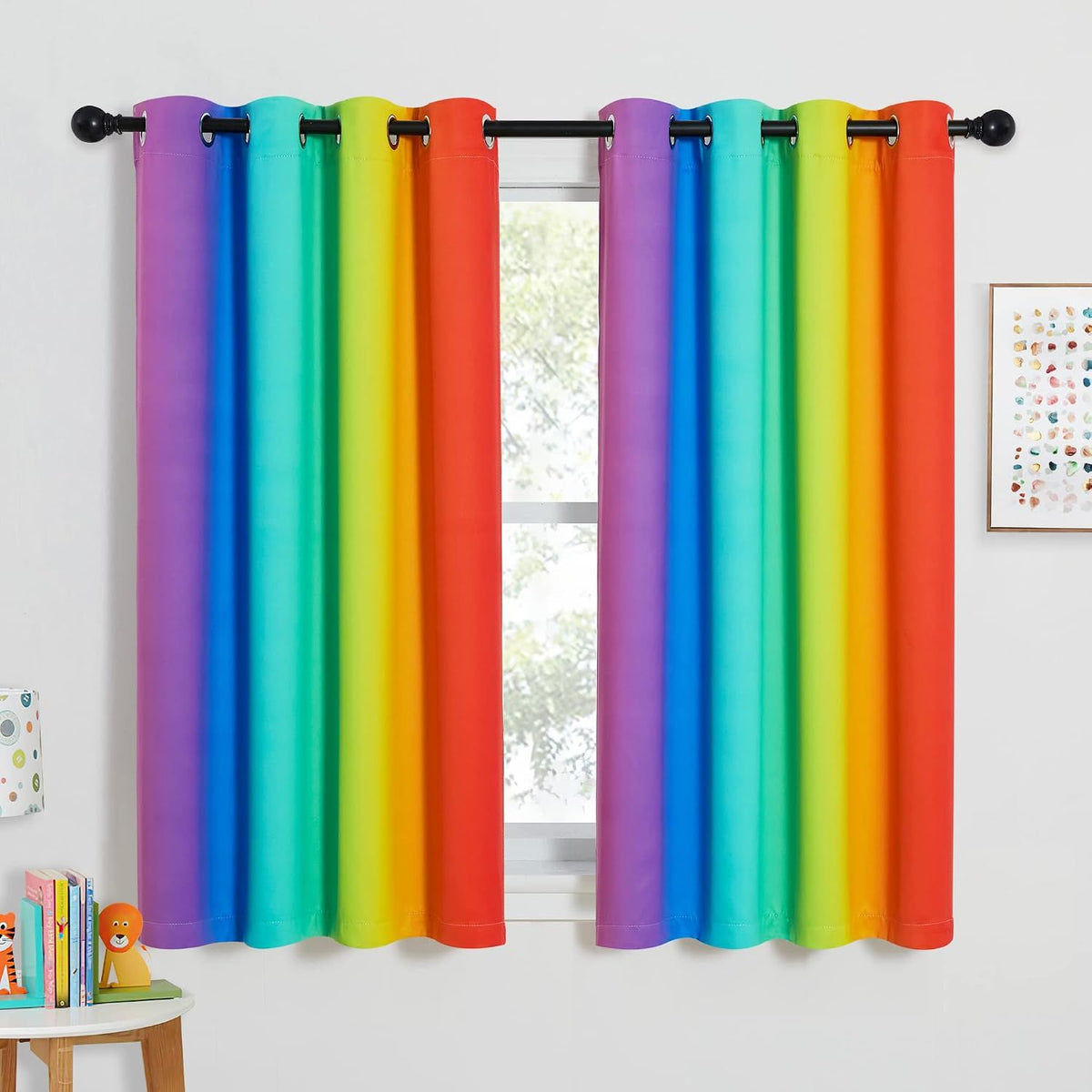2 Pack Rainbow Blackout Kitchen Curtains, Colourful Window Drapes for Bedroom, Nursery and Girls Room, Rainbow, 132 x 114 cm