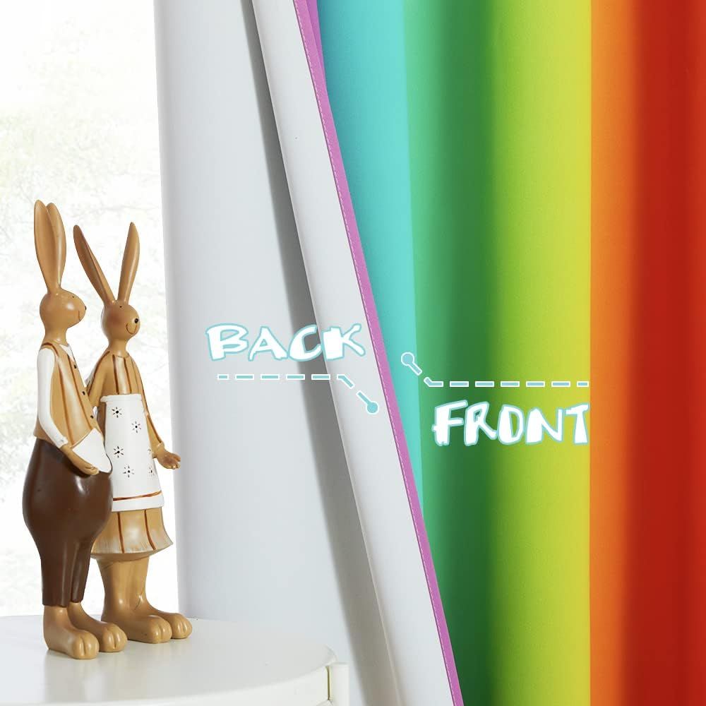 2 Pack Rainbow Blackout Kitchen Curtains, Colourful Window Drapes for Bedroom, Nursery and Girls Room, Rainbow, 132 x 114 cm