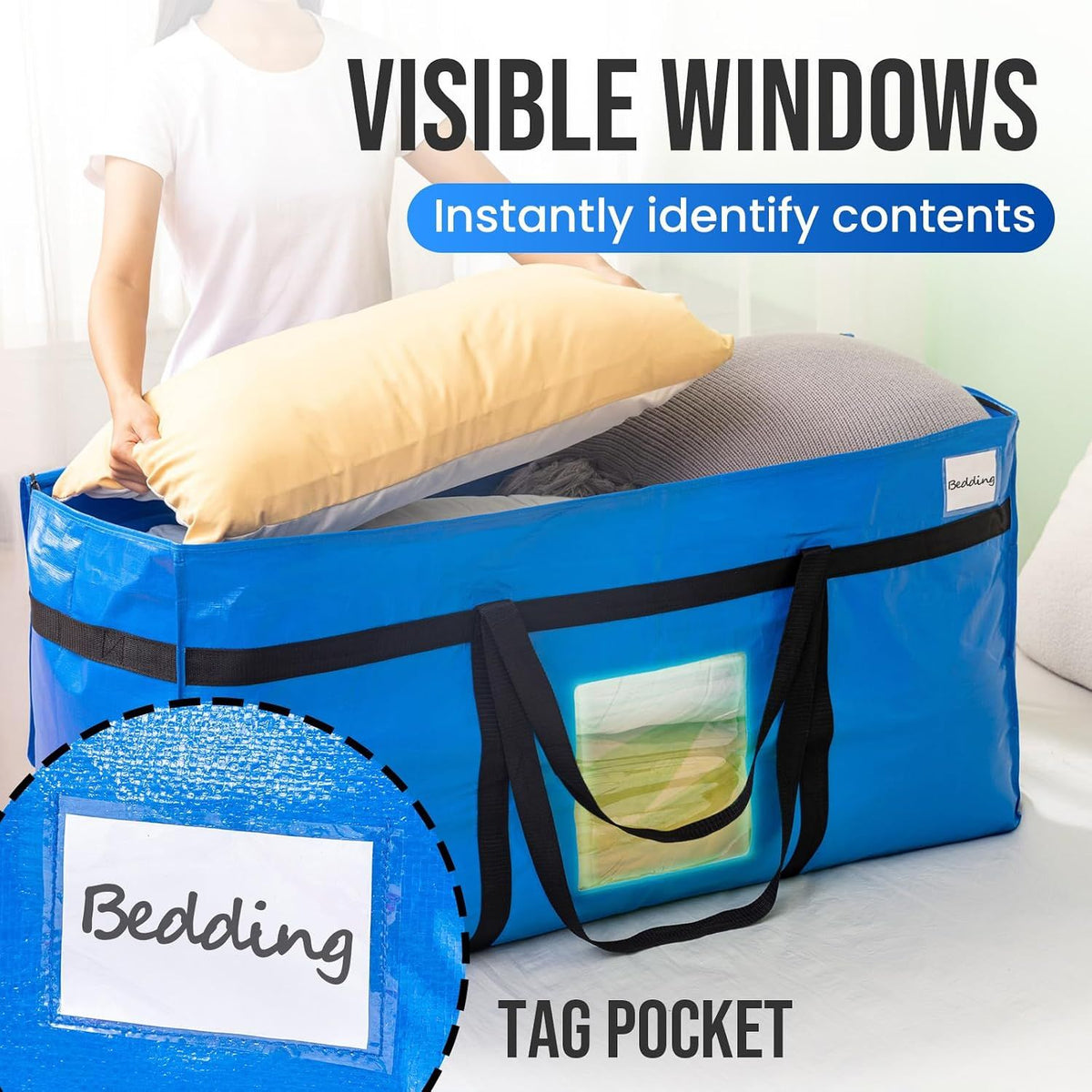 2 Pack 261 L Extra Large Storage Bags with Visible Window, XXL Heavy-Duty Moving Bags For Storage, Wrap Around Handles, Blue