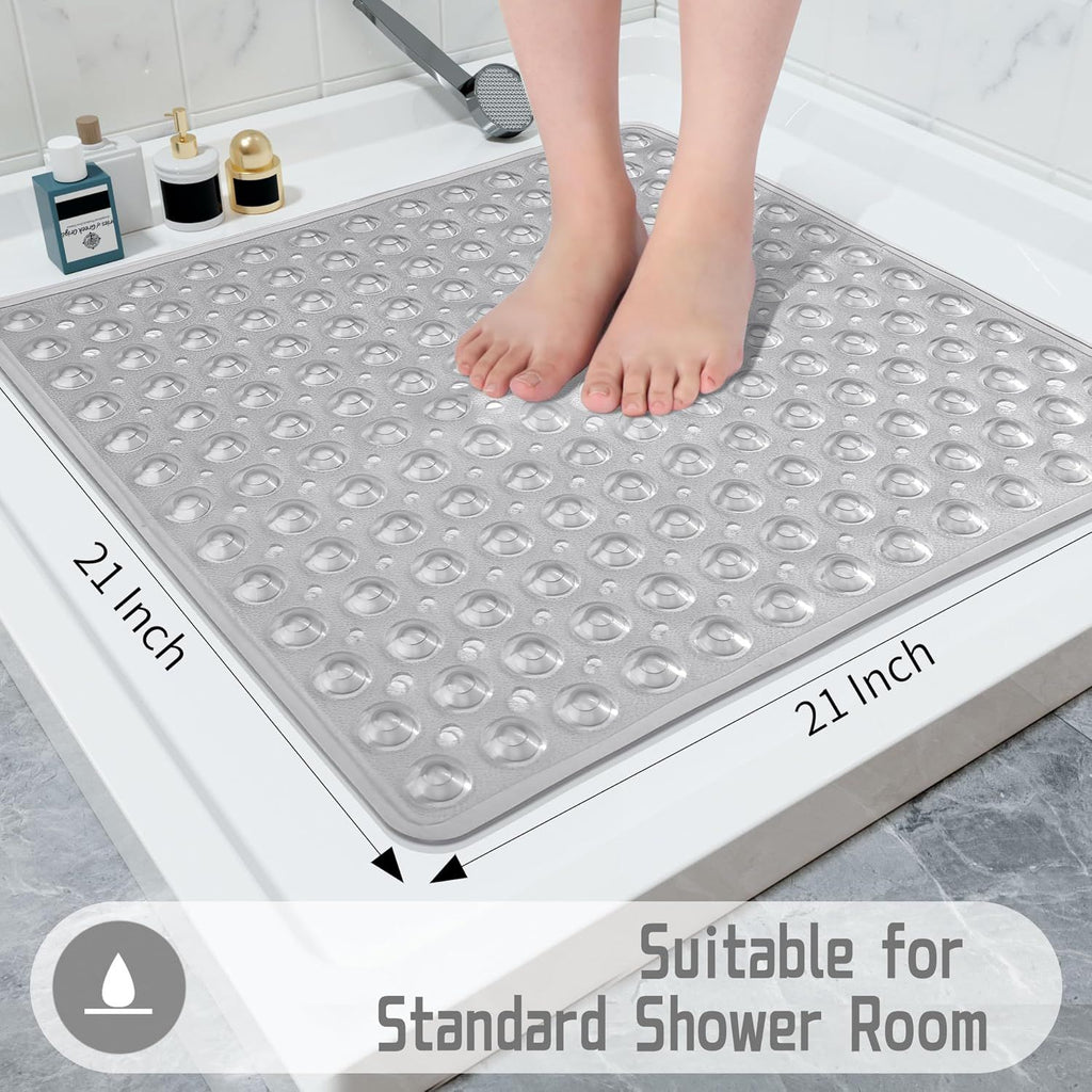 Square Non-Slip Shower Mat with Suction Cups and Drain Holes, Soft Machine-Washable Bathtub Mat for Shower Stalls, Clear Grey, 53.3 x 53 cm