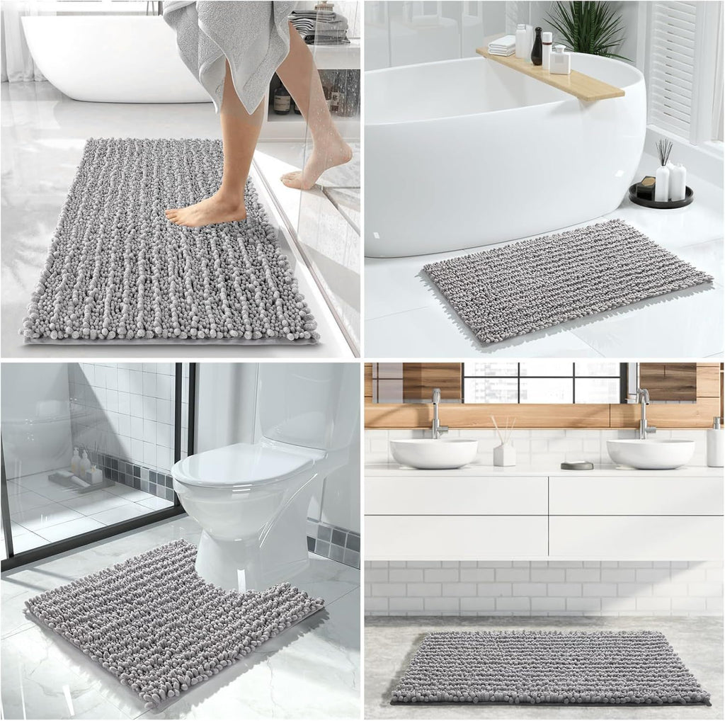 Bathroom Rugs Sets, Extra Soft Thick Chenille Bath Mat and U-Shaped Toilet Rug, Non-Slip Absorbent Water Shower Rug for Bathroom Floor