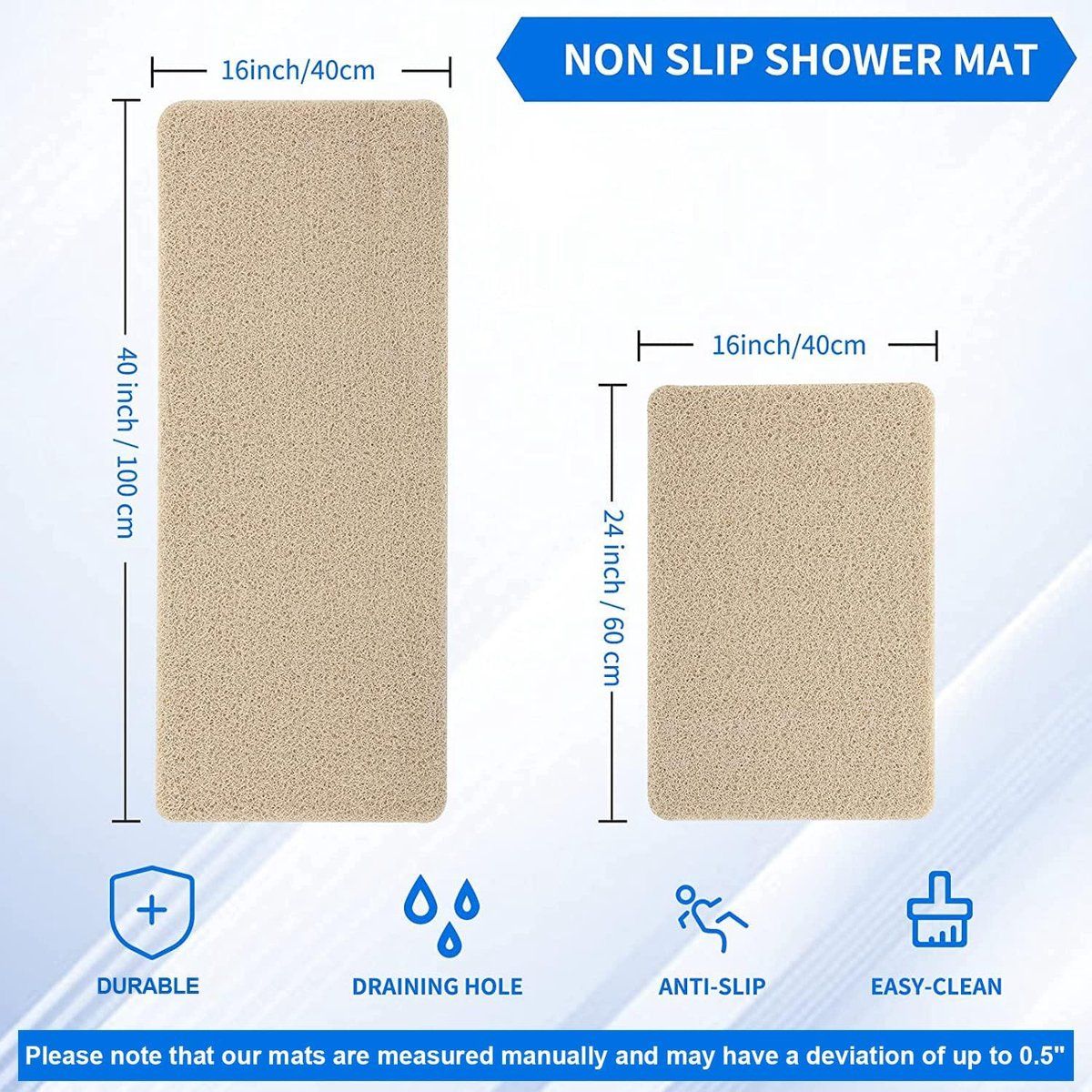 Anti-slip shower mat, Anti-slip mats, Fast-drying bath mats, Foot cleaner mat, For bath floor bathroom home kitchen hotel, 40 x 60 cm, Beige