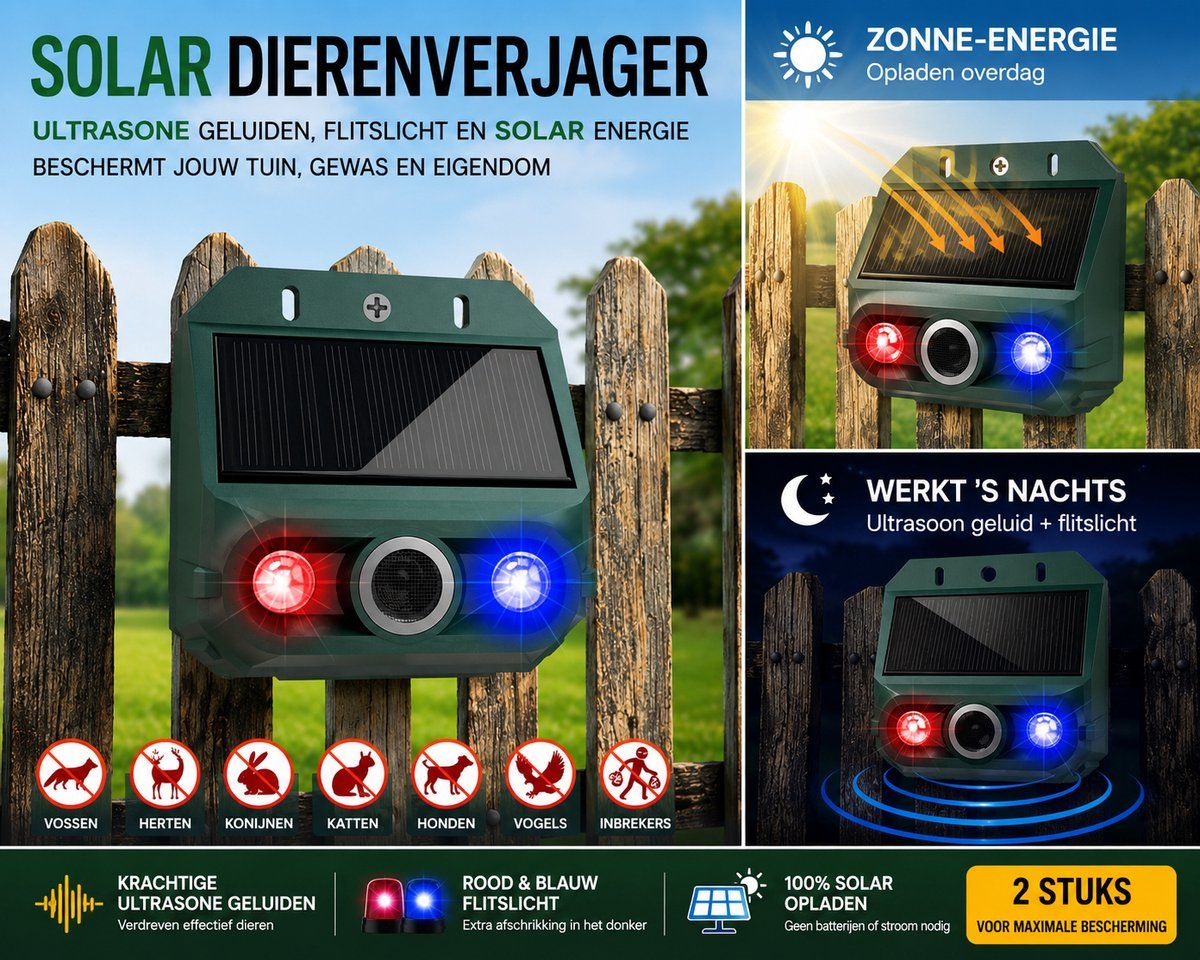 2 Pieces Solar Animal Repellers with Motion Sensor, Ultrasonic Sound Alarm and Red Blue LED Strobes for Garden, Farm and Yard, Green