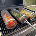 4 Pack Stainless Steel Rotisserie Grill Baskets with Stand, Cylindrical Mesh Tubes for Vegetables and Outdoor BBQ, Small, Silver