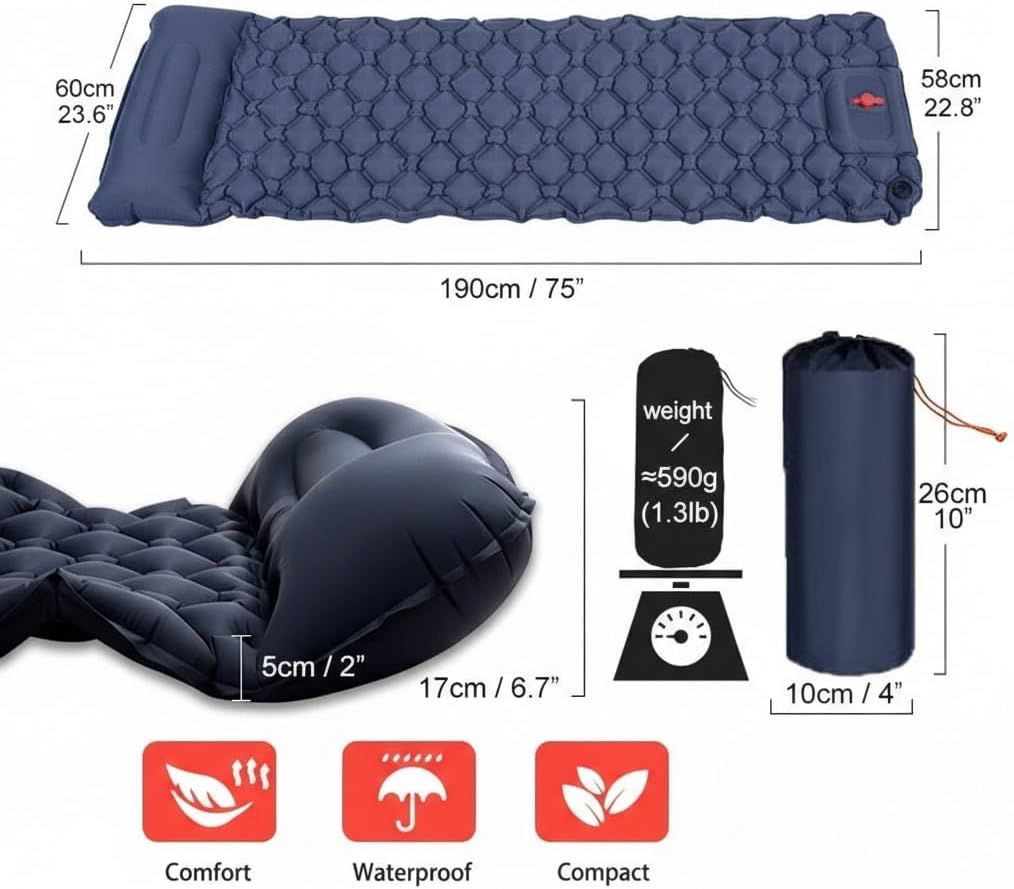 Ultralight Inflatable Camping Sleeping Pad with Built-In Pillow, Waterproof TPU Coating and Compact Pack Size, Blue, 190 x 60 x 5 cm