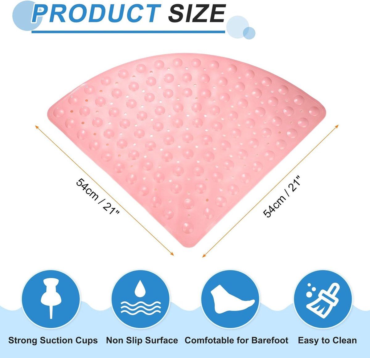Non-slip bath mat for the bath, Non-slip bath mat, Corner shower mat, For indoor showers, Non-slip triangular shower mat, 54 x 54 cm, Pink