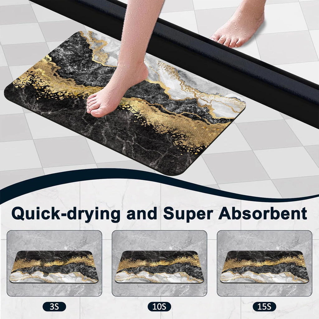 1 Piece Marble Bathroom Rug, Non-Slip Quick Dry Bath Mat for Tub, Shower, Floor and Indoor Outdoor Use, Black and Gold