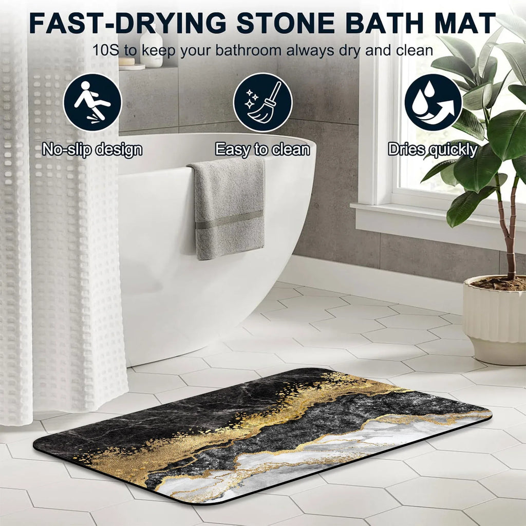 1 Piece Marble Bathroom Rug, Non-Slip Quick Dry Bath Mat for Tub, Shower, Floor and Indoor Outdoor Use, Black and Gold
