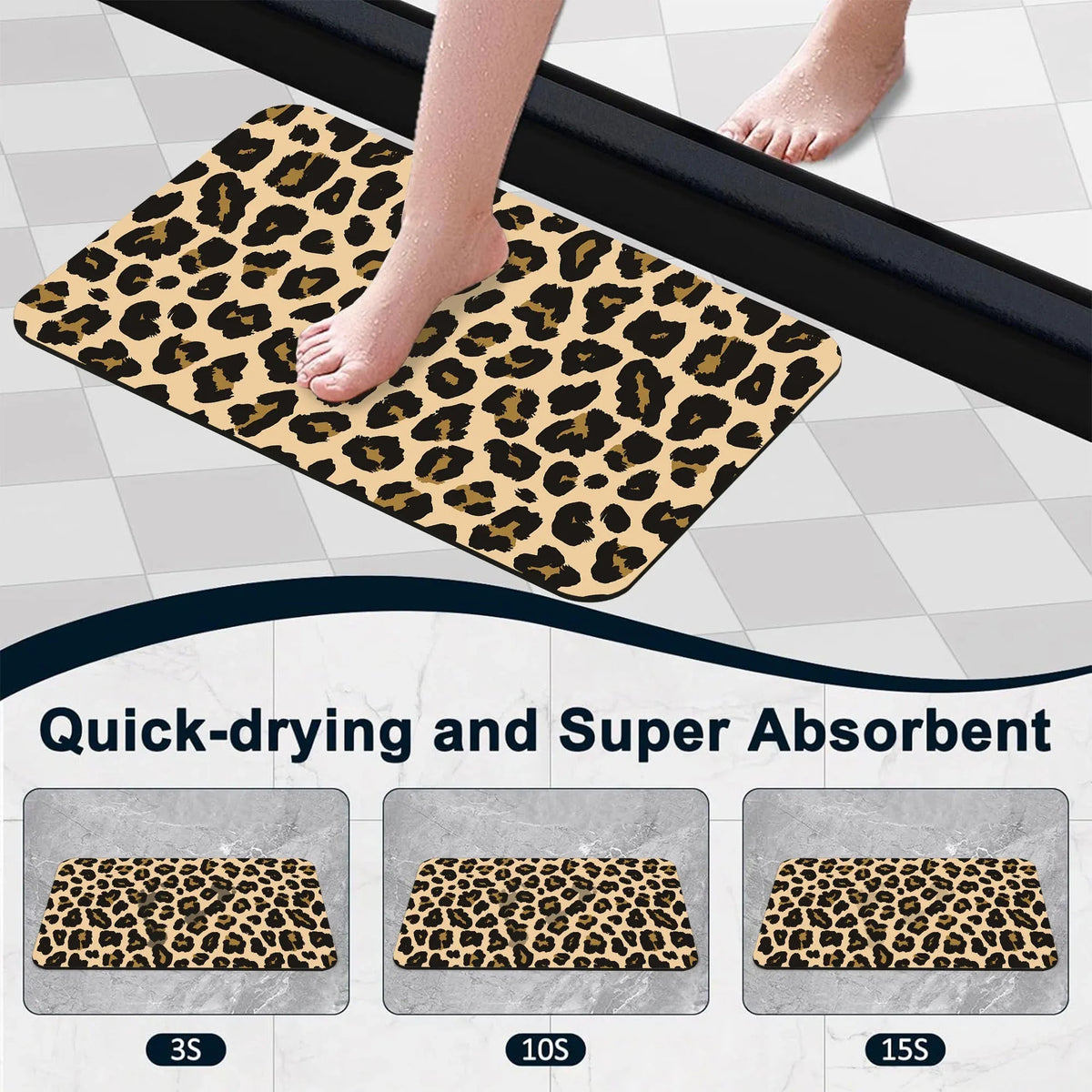 1 Piece Leopard Print Bathroom Rug, Non-Slip Quick Dry Bath Mat for Tub, Shower, Floor and Indoor Outdoor Home Use