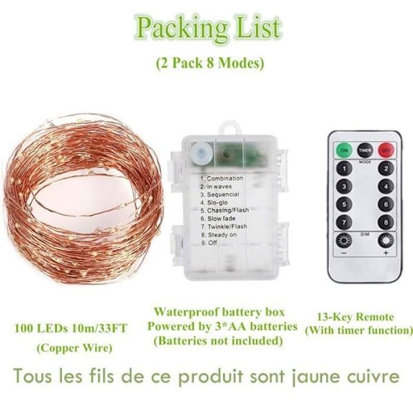 2 Pack, 10 m 200 LED USB-powered String Lights, IP67 Waterproof Indoor Outdoor Lights for Christmas, Wedding, Patio and Lawn