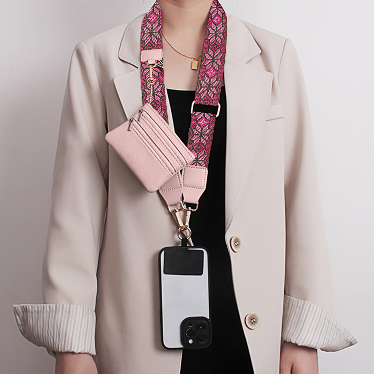 Clip and Go Phone Strap with Zipper Pouch,Crossbody Adjustable Chain Lanyard with PU Leather Wallet for All Phones C