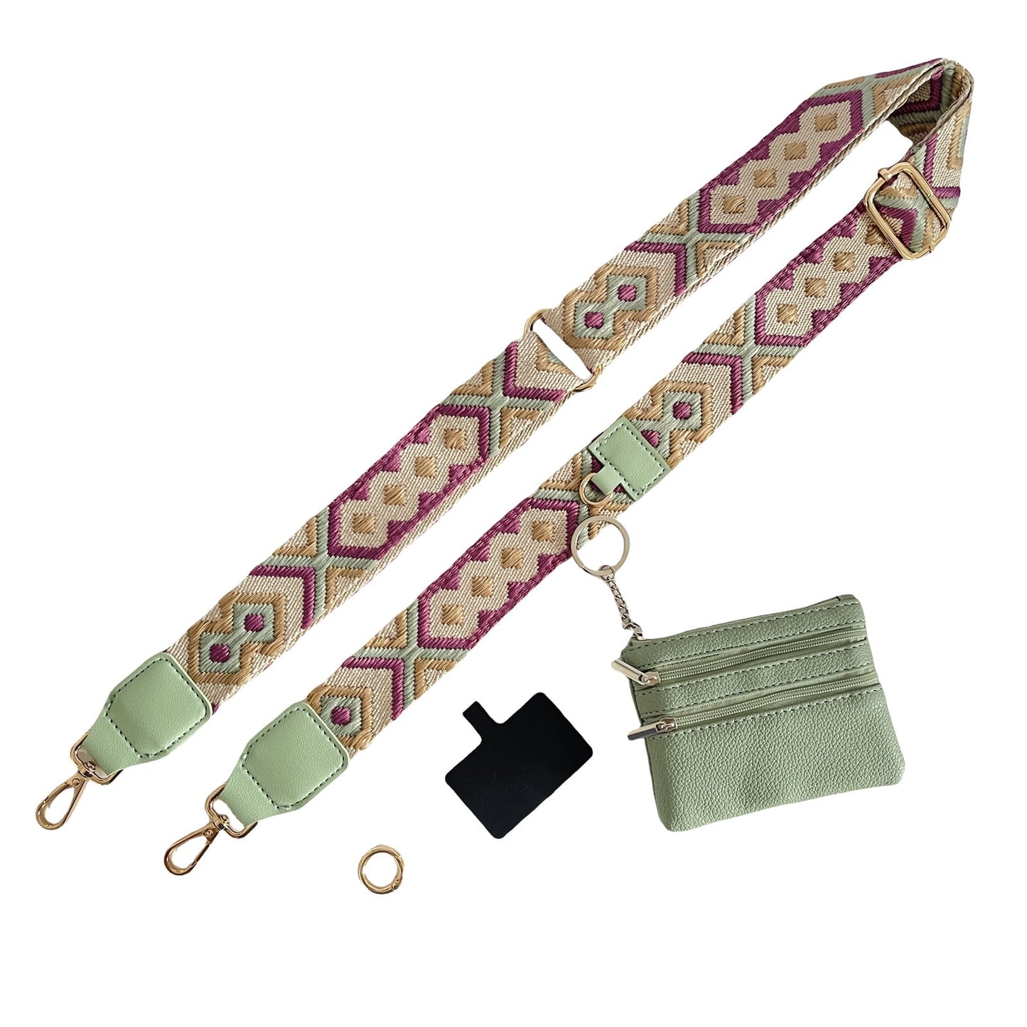 Clip and Go Phone Strap with Zipper Pouch,Crossbody Adjustable Chain Lanyard with PU Leather Wallet for All Phones Light Green