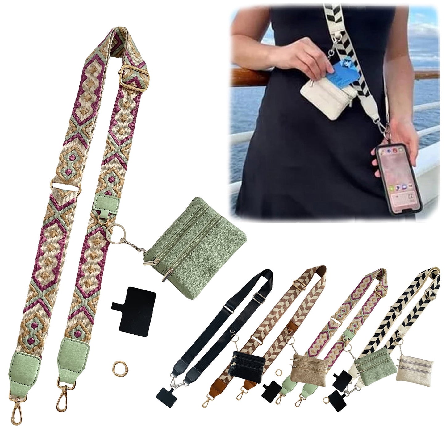 Clip and Go Phone Strap with Zipper Pouch,Crossbody Adjustable Chain Lanyard with PU Leather Wallet for All Phones Light Green
