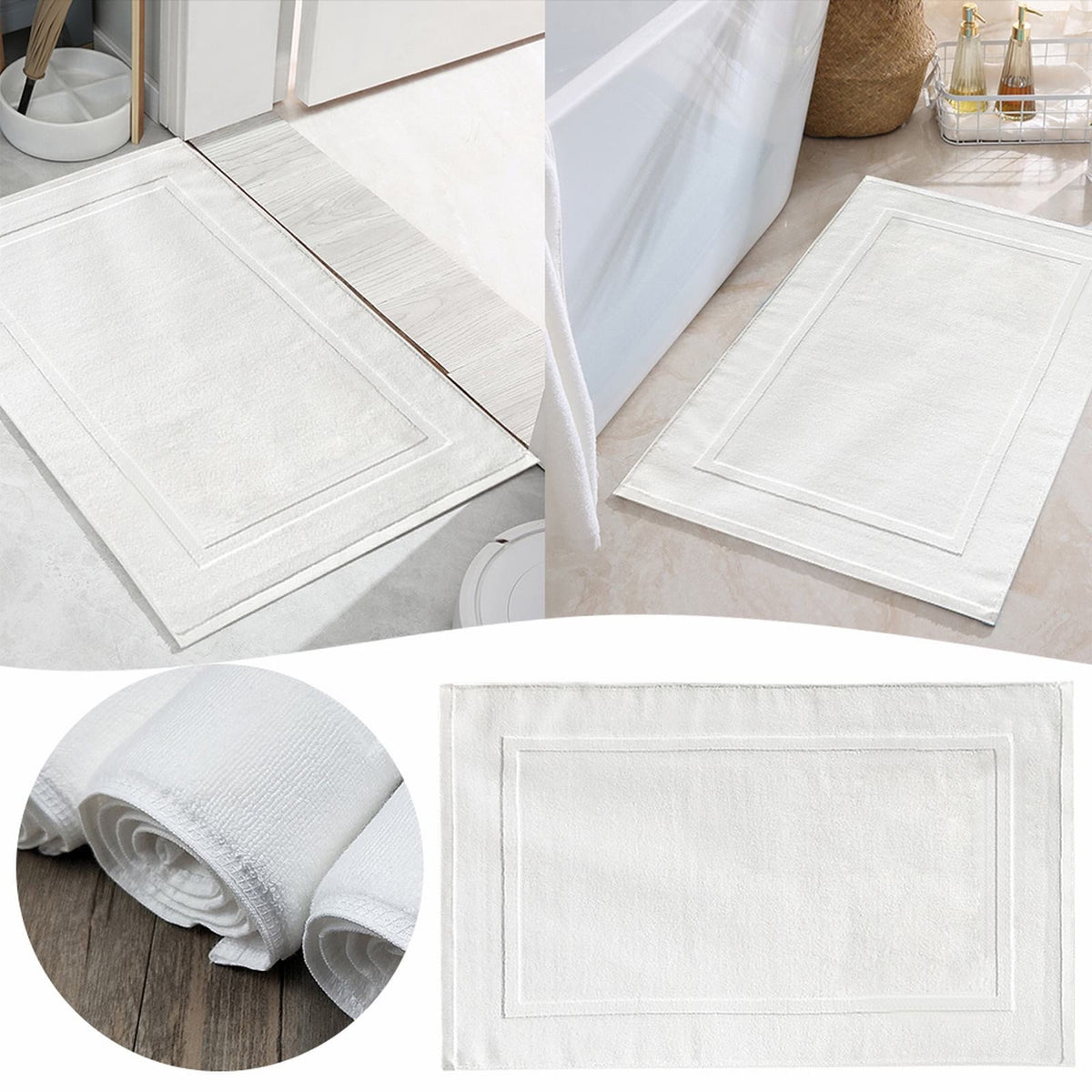 2PCS White Cotton Classic Rug Bath Mats Absorbent Cotton Hotel Spa Shower Bathtub Mats [Not A Bathroom Rug] Machine Washable Shower Bathroom Floor Towel A-White 4PCS