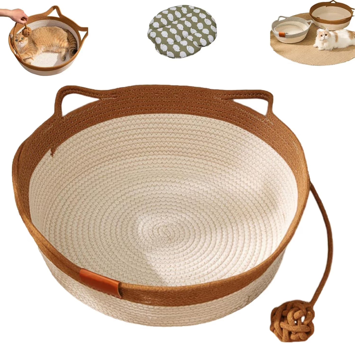 Cat Bed Rope Cotton, Cotton Rope Woven Round Cat Beds Basket with Built-in Teasing Ball, Handwoven Foldable Scratchable for Small & Large pet Brown（L）
