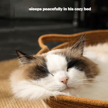 Cat Bed Rope Cotton, Cotton Rope Woven Round Cat Beds Basket with Built-in Teasing Ball, Handwoven Foldable Scratchable for Small & Large pet Brown（L）