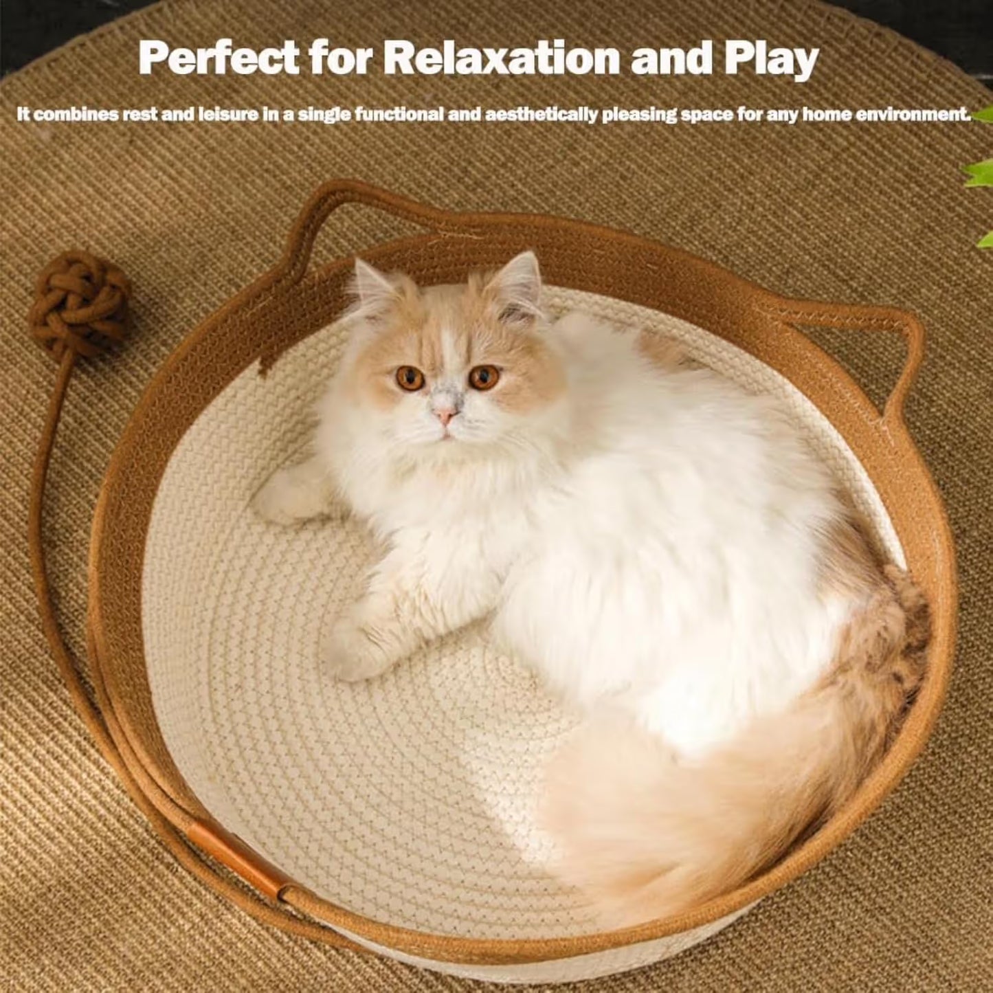 Cat Bed Rope Cotton, Cotton Rope Woven Round Cat Beds Basket with Built-in Teasing Ball, Handwoven Foldable Scratchable for Small & Large pet Brown（L）
