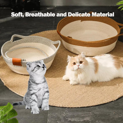 Cat Bed Rope Cotton, Cotton Rope Woven Round Cat Beds Basket with Built-in Teasing Ball, Handwoven Foldable Scratchable for Small & Large pet Brown（L）