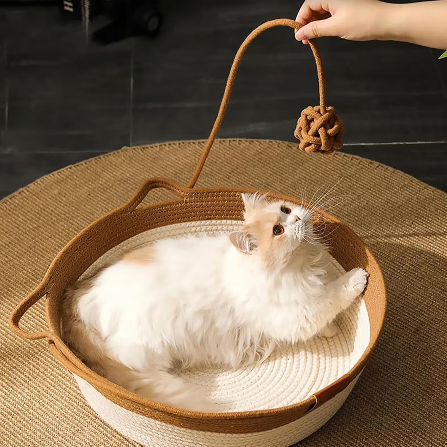 Cat Bed Rope Cotton, Cotton Rope Woven Round Cat Beds Basket with Built-in Teasing Ball, Handwoven Foldable Scratchable for Small & Large pet Brown（L）