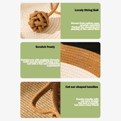 Cat Bed Rope Cotton, Cotton Rope Woven Round Cat Beds Basket with Built-in Teasing Ball, Handwoven Foldable Scratchable for Small & Large pet Brown（L）
