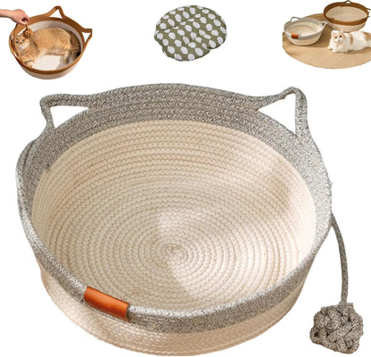 Cat Bed Rope Cotton, Cotton Rope Woven Round Cat Beds Basket with Built-in Teasing Ball, Handwoven Foldable Scratchable for Small & Large pet Gray（L）