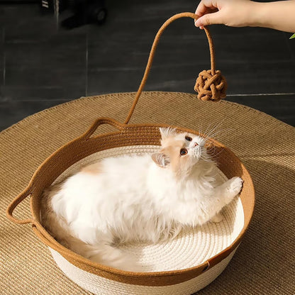 Cat Bed Rope Cotton, Cotton Rope Woven Round Cat Beds Basket with Built-in Teasing Ball, Handwoven Foldable Scratchable for Small & Large pet Gray（L）