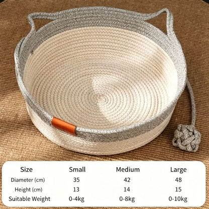 Cat Bed Rope Cotton, Cotton Rope Woven Round Cat Beds Basket with Built-in Teasing Ball, Handwoven Foldable Scratchable for Small & Large pet Gray（L）