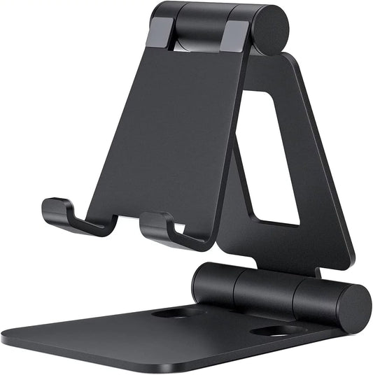 Dual Folding Cell Phone Stand, Fully Adjustable Foldable Desktop Phone Holder Cradle Dock Compatible with Phone 15 14 13 12 11 Pro Xs Xs Max Xr X 8, Nintendo Switch, All Phones- Black