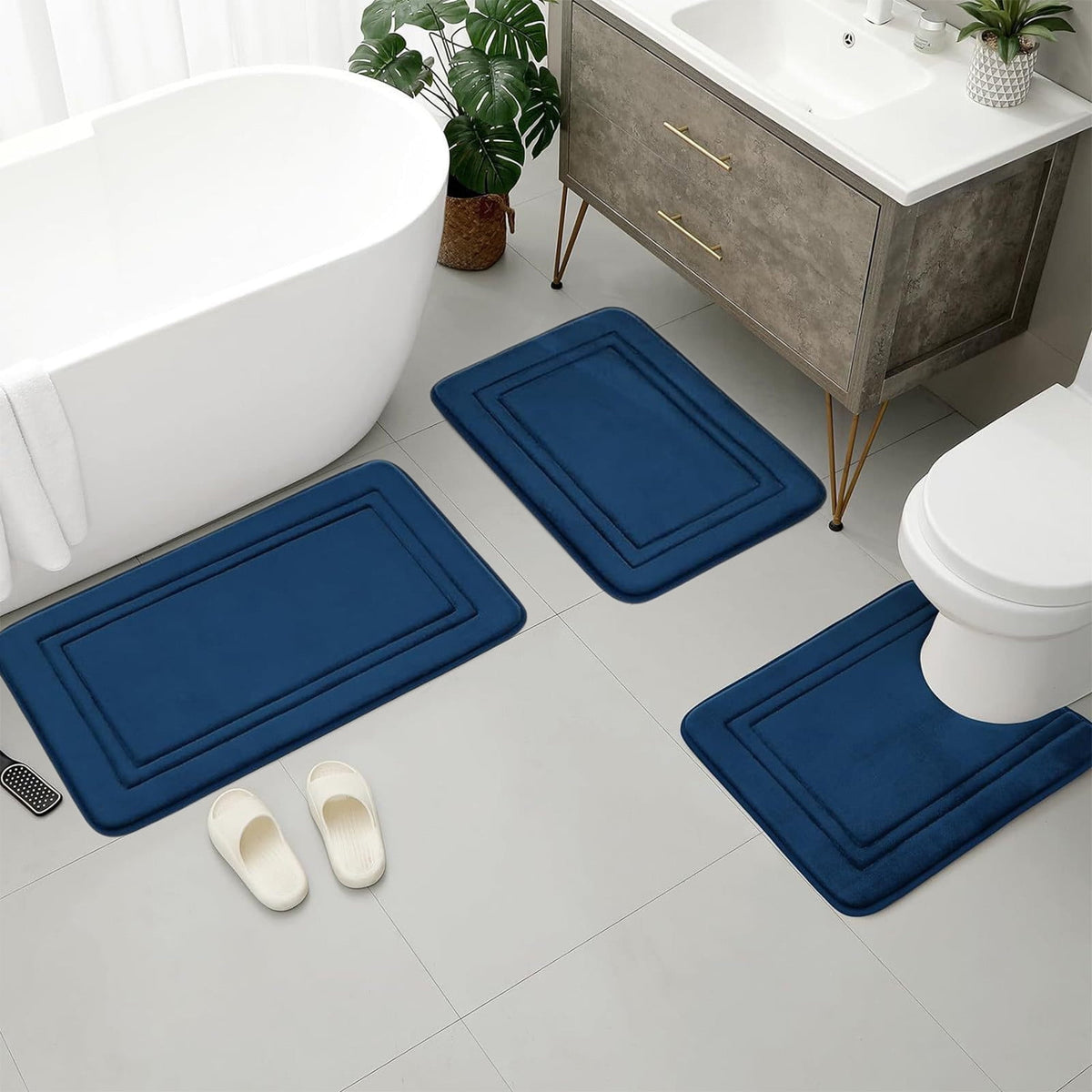 Bathroom Rugs Sets 3 Piece, Bath Mat Universal Soft Comfortable Water Absorption Non Slip Machine Washable Easy Dry Bathroom Mat, Gray Blue