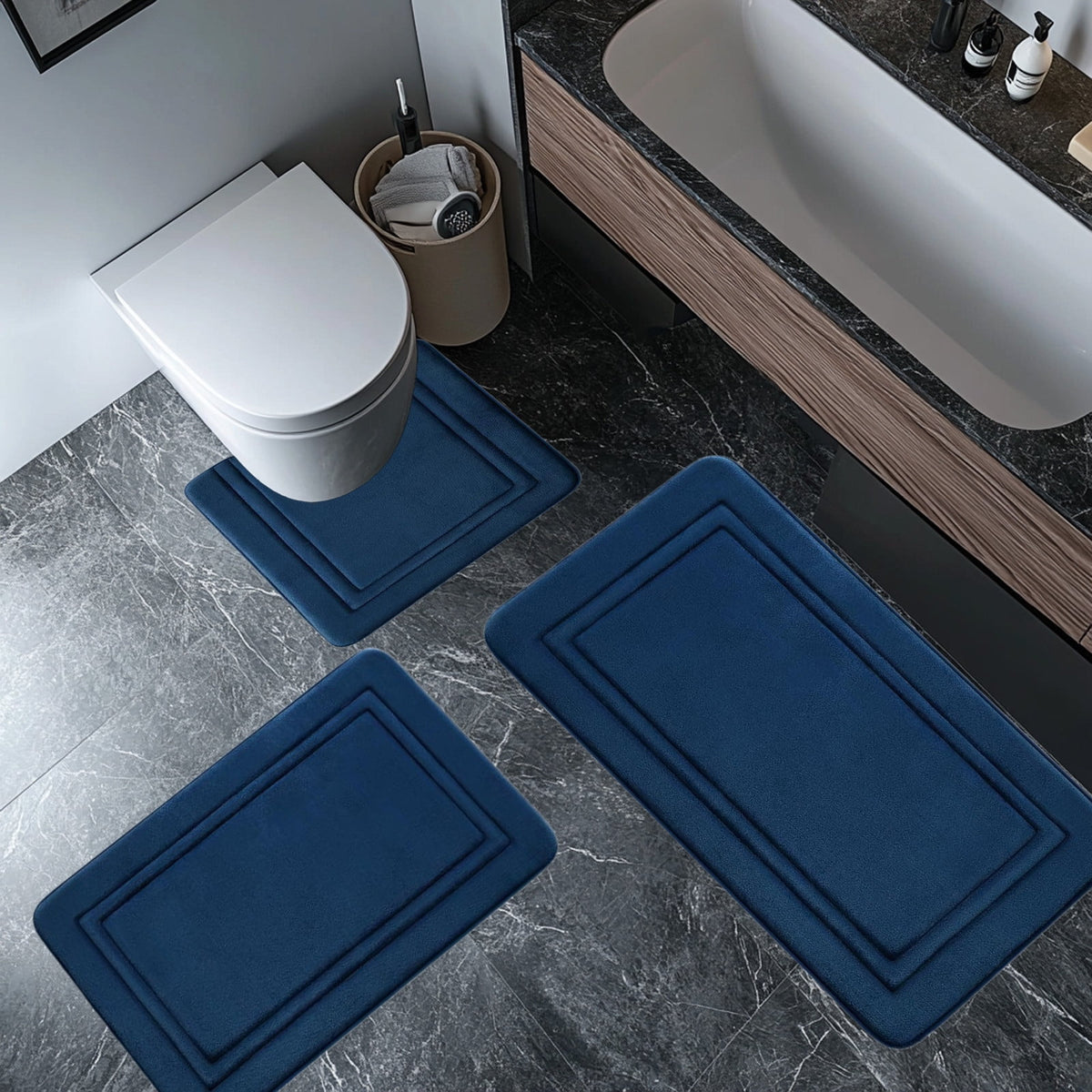 Bathroom Rugs Sets 3 Piece, Bath Mat Universal Soft Comfortable Water Absorption Non Slip Machine Washable Easy Dry Bathroom Mat, Gray Blue