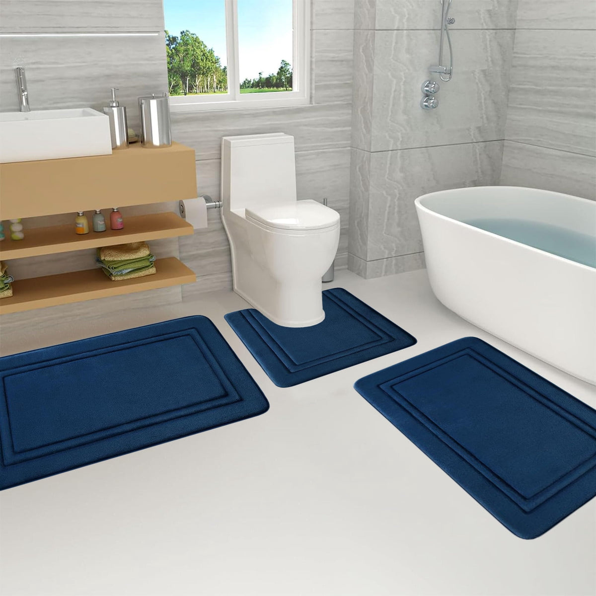 Bathroom Rugs Sets 3 Piece, Bath Mat Universal Soft Comfortable Water Absorption Non Slip Machine Washable Easy Dry Bathroom Mat, Gray Blue