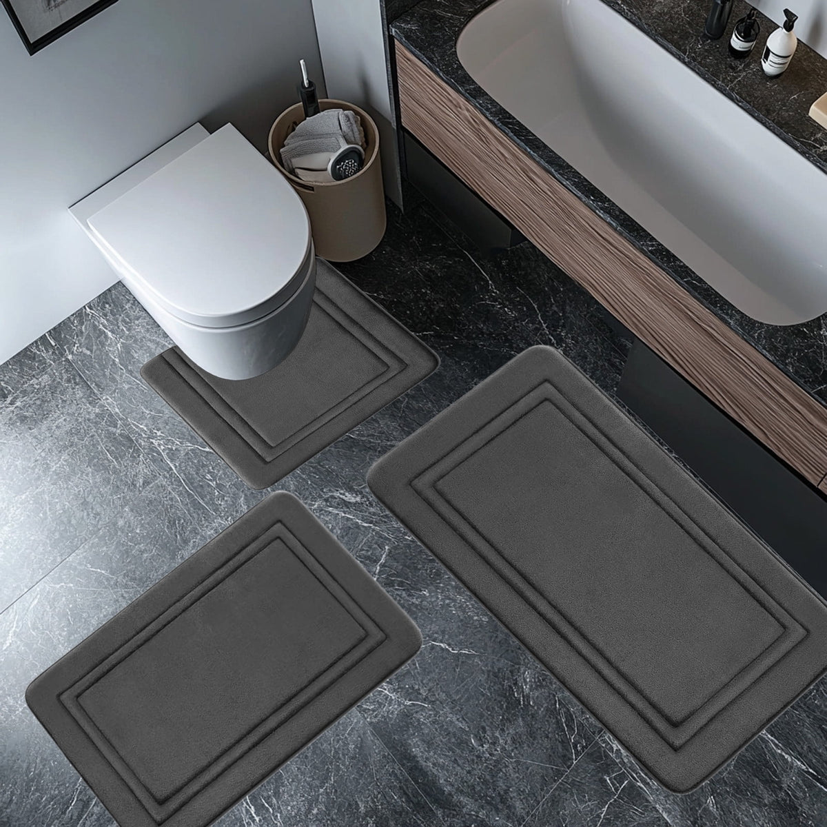 Bathroom Rugs Sets 3 Piece, Bath Mat Universal Soft Comfortable Water Absorption Non Slip Machine Washable Easy Dry Bathroom Mat Gray