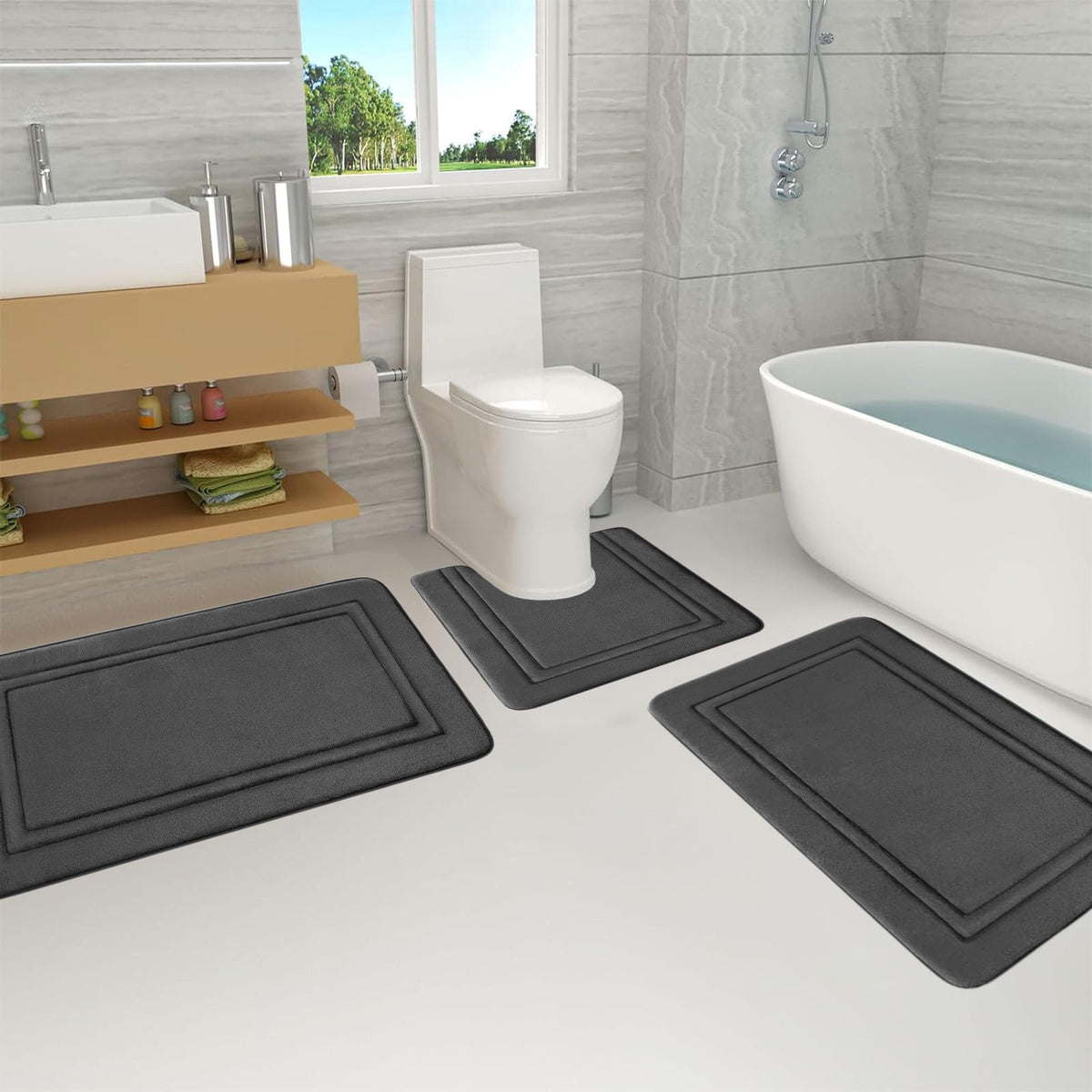 Bathroom Rugs Sets 3 Piece, Bath Mat Universal Soft Comfortable Water Absorption Non Slip Machine Washable Easy Dry Bathroom Mat Gray