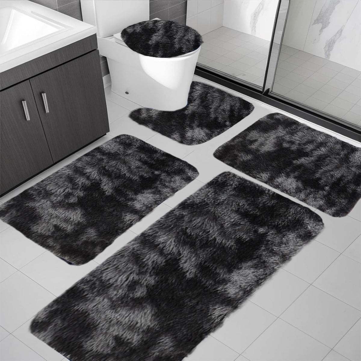 Tie-Dye Bathroom Rugs Sets, Non-Slip Bath Mat Set 5 Piece, Soft Comfortable Washable Bathroom Mat Set, Quicker Dry Bathroom Rug with Toilet Rug Black