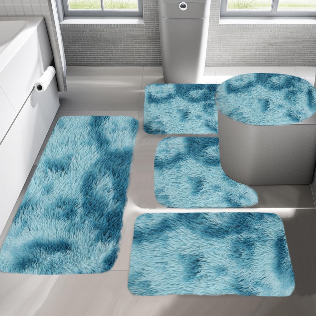 Tie-Dye Bathroom Rugs Sets, Non-Slip Bath Mat Set 5 Piece, Soft Comfortable Washable Bathroom Mat Set, Quicker Dry Bathroom Rug with Toilet Rug Blue