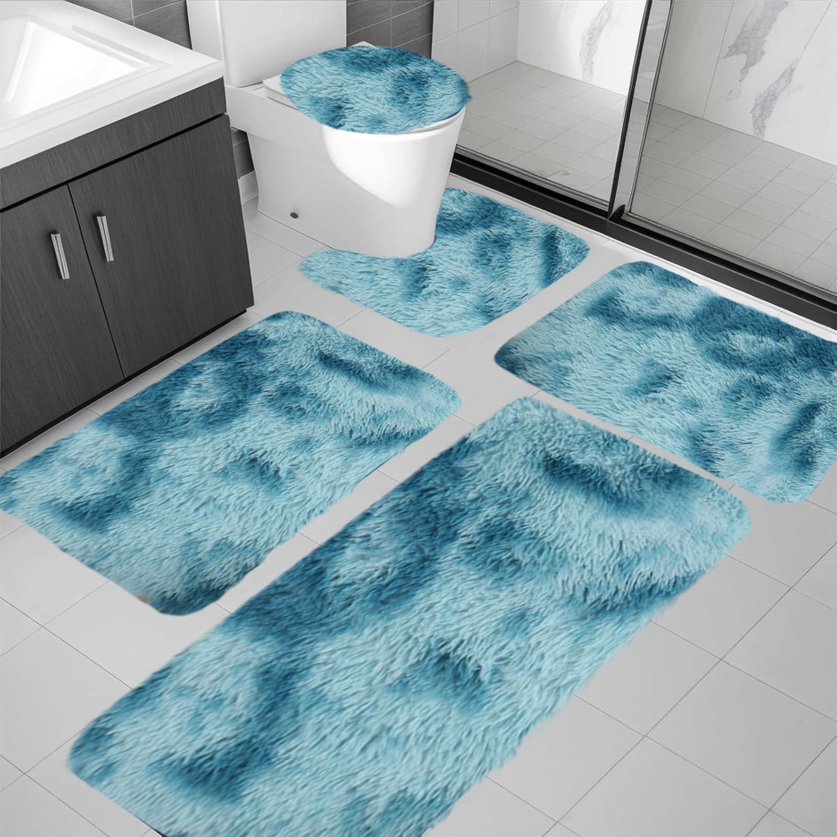 Tie-Dye Bathroom Rugs Sets, Non-Slip Bath Mat Set 5 Piece, Soft Comfortable Washable Bathroom Mat Set, Quicker Dry Bathroom Rug with Toilet Rug Blue