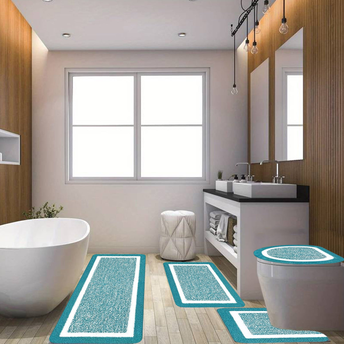 Bathroom Rugs Sets, Non-Slip Bath Mat Set 4 Piece, Soft Comfortable Washable Bathroom Mat Set, Quicker Dry Bathroom Rug with Toilet Rug Blue