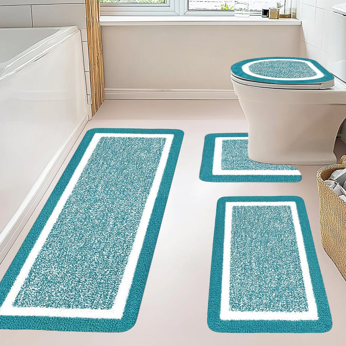 Bathroom Rugs Sets, Non-Slip Bath Mat Set 4 Piece, Soft Comfortable Washable Bathroom Mat Set, Quicker Dry Bathroom Rug with Toilet Rug Blue
