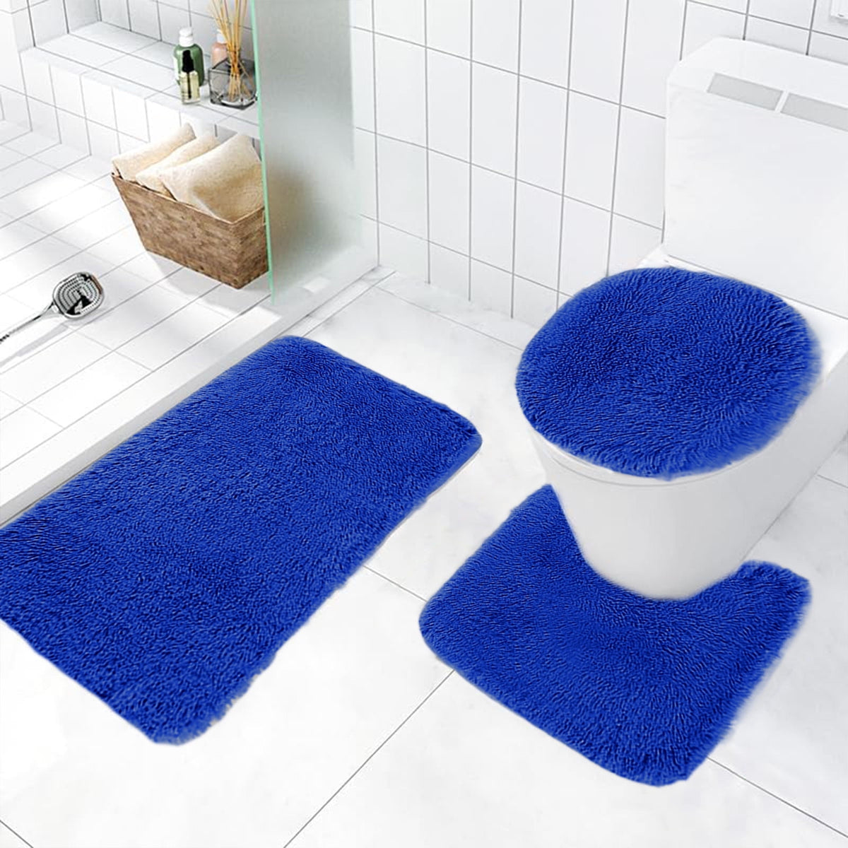 Bathroom Rugs Sets, Non-Slip Bath Mat Set 3 Piece, Soft Comfortable Washable Bathroom Mat Set, Quicker Dry Bathroom Rug with Toilet Rug Blue