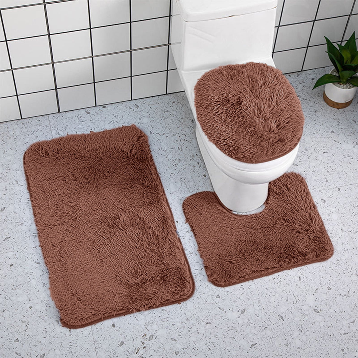 Bathroom Rugs Sets, Non-Slip Bath Mat Set 3 Piece, Soft Comfortable Washable Bathroom Mat Set, Quicker Dry Bathroom Rug with Toilet Rug Brown