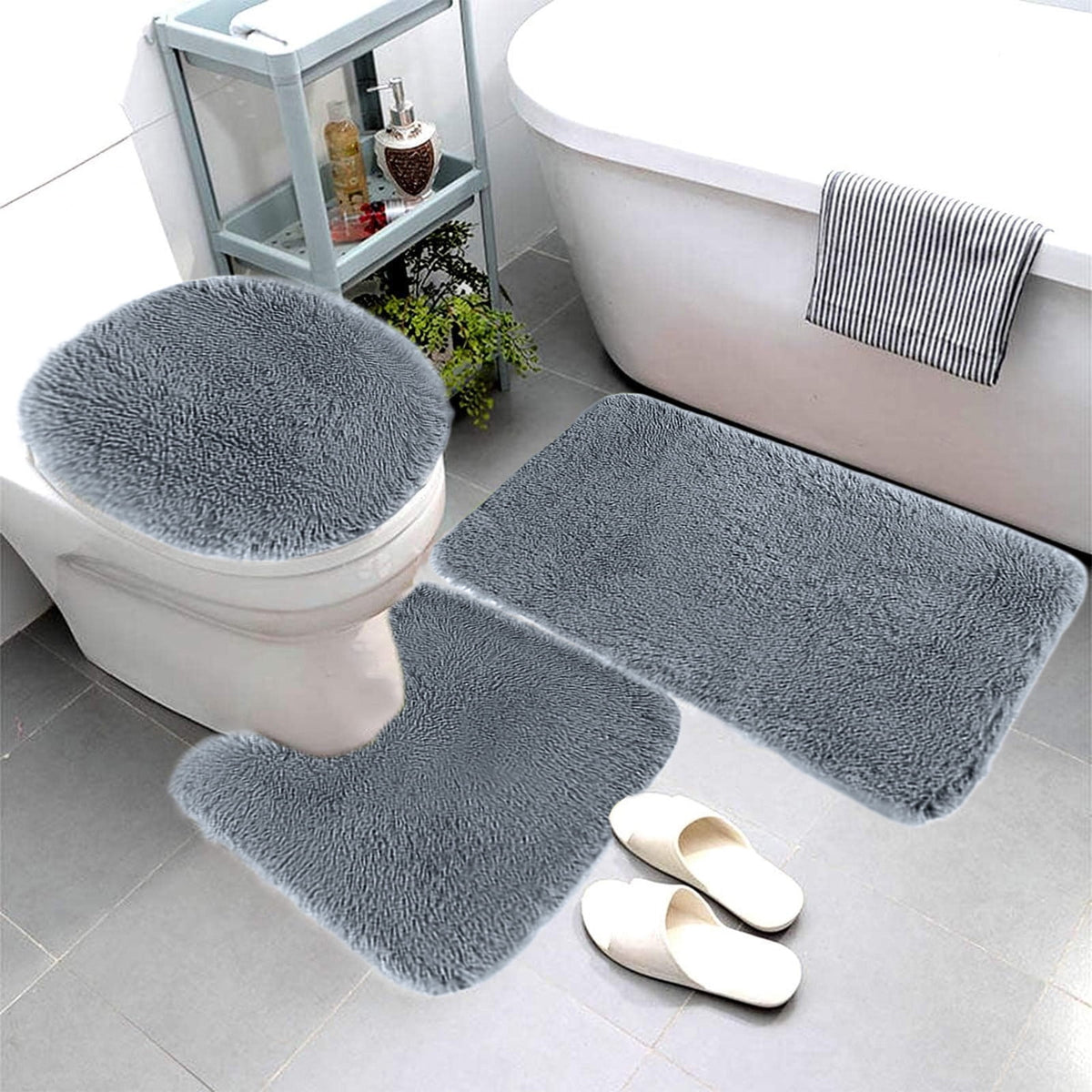 Bathroom Rugs Sets, Non-Slip Bath Mat Set 3 Piece, Soft Comfortable Washable Bathroom Mat Set, Quicker Dry Bathroom Rug with Toilet Rug Dark Gray