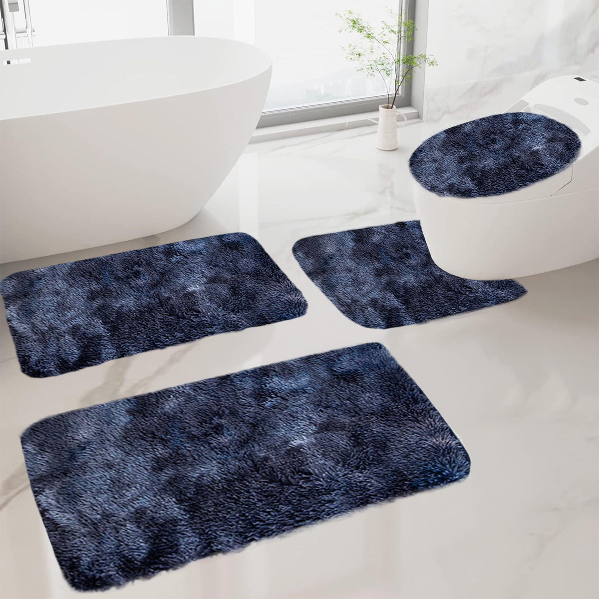 5 Piece Bath Mat Set, Quick Dry Washable Non Slip Ultra Soft Absorbent Bathroom Rugs with U-Shaped Toilet Mat, Dark Blue