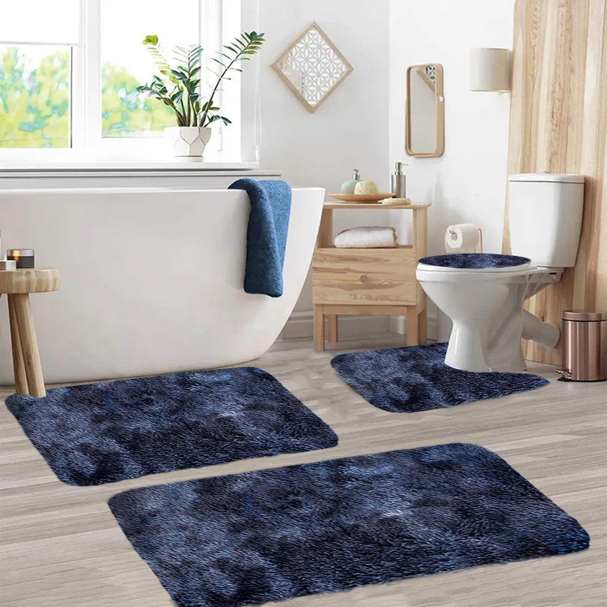 5 Piece Bath Mat Set, Quick Dry Washable Non Slip Ultra Soft Absorbent Bathroom Rugs with U-Shaped Toilet Mat, Dark Blue