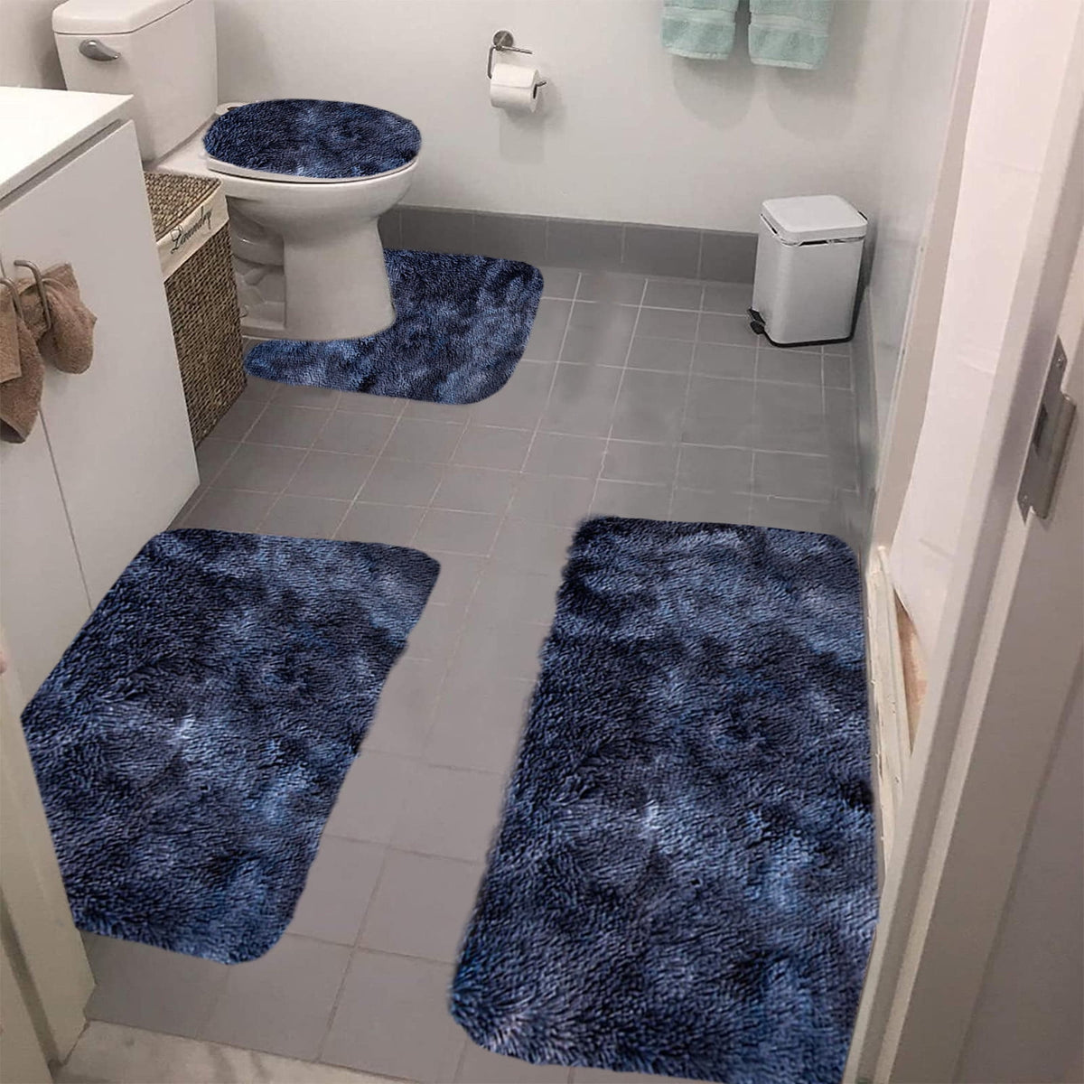 5 Piece Bath Mat Set, Quick Dry Washable Non Slip Ultra Soft Absorbent Bathroom Rugs with U-Shaped Toilet Mat, Dark Blue