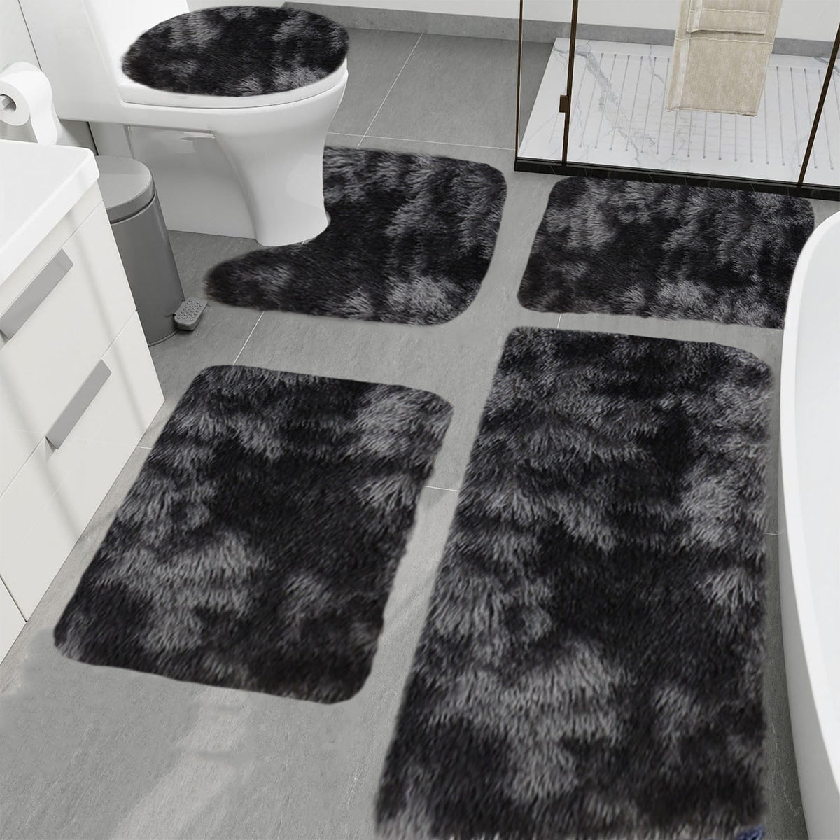 5 Piece Bath Mats for Bathroom, Quick Dry Washable Non Slip Ultra Soft Absorbent Bath Rug Set with U Shaped Toilet Mat for Bathroom Tub Shower, Black