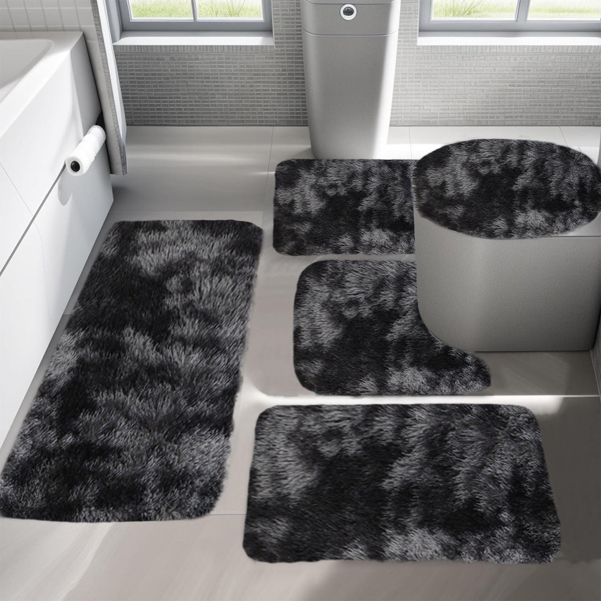 5 Piece Bath Mats for Bathroom, Quick Dry Washable Non Slip Ultra Soft Absorbent Bath Rug Set with U Shaped Toilet Mat for Bathroom Tub Shower, Black