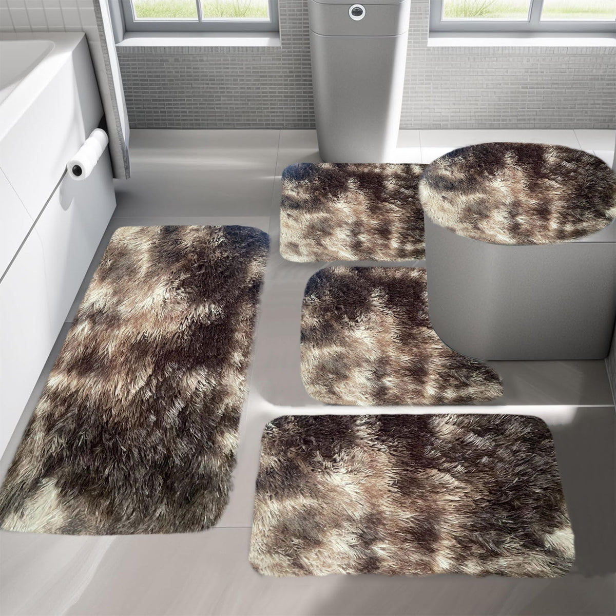5 Piece Bath Mats Set for Bathroom, Quick Dry Washable Non-Slip Ultra Soft Absorbent Bathroom Rugs with U Shaped Toilet Mat, Brown