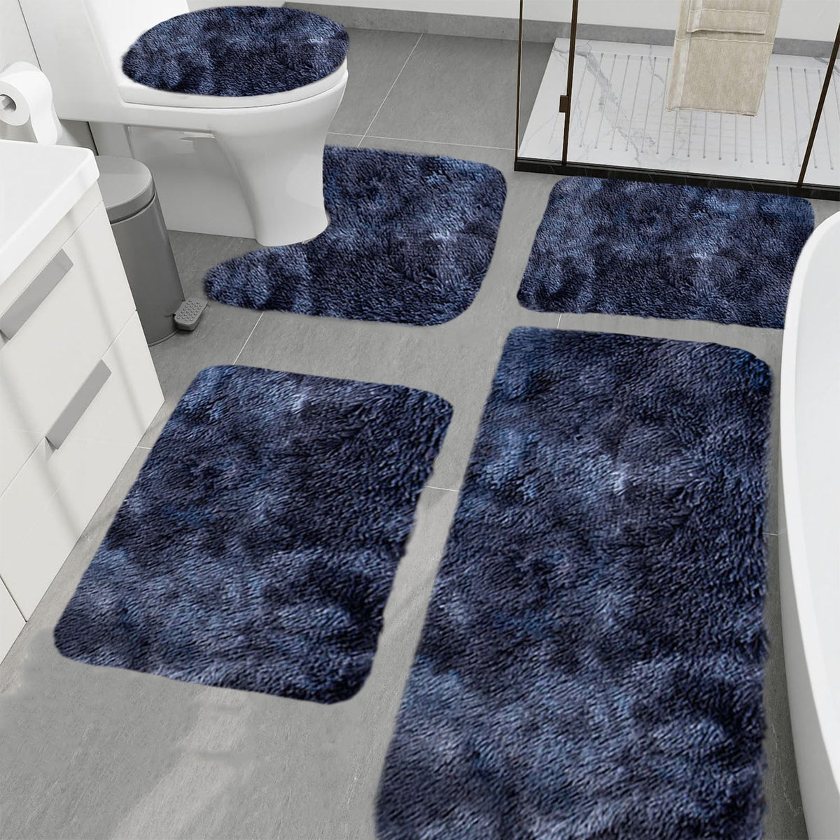 5 Pcs Bathroom Rugs Set, Quick Dry Washable Non Slip Ultra Soft Absorbent Bath Mat with U-Shaped Contour Toilet Mat for Bathroom Tub Shower, Dark Blue