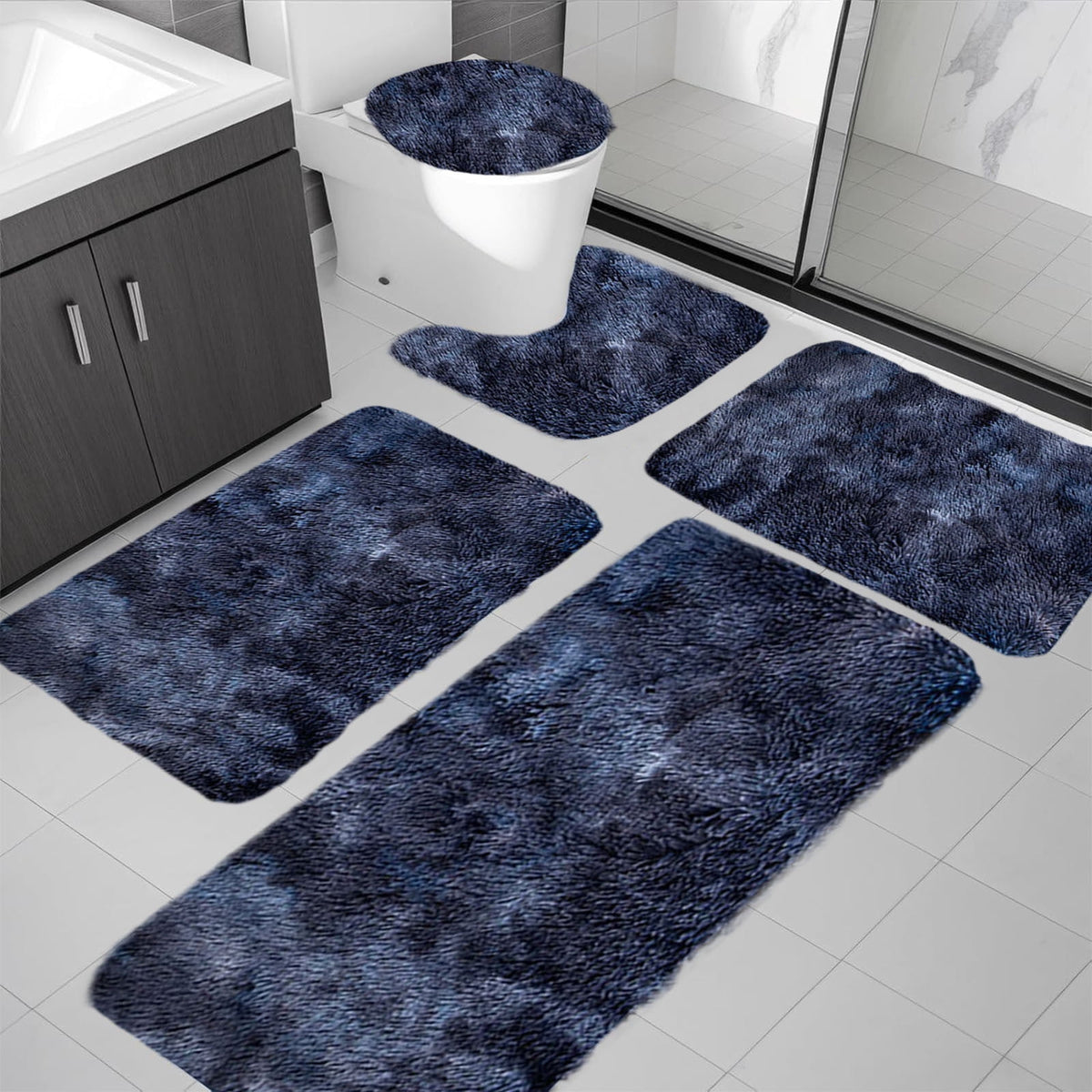 5 Pcs Bathroom Rugs Set, Quick Dry Washable Non Slip Ultra Soft Absorbent Bath Mat with U-Shaped Contour Toilet Mat for Bathroom Tub Shower, Dark Blue